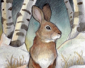 Rabbit in Birches Art Card by Lisa Ferguson