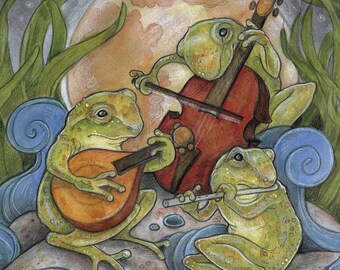 The Spring Peeper Serenade by Lisa Ferguson....Blank Art Card..Frogs..Music...Cute Card...Canadian Art