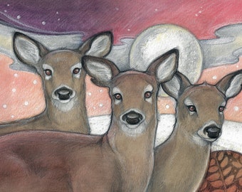 Snowfall at Night by Lisa Ferguson...Blank Art Card...White Tailed Deer...Winter...Canadian Art