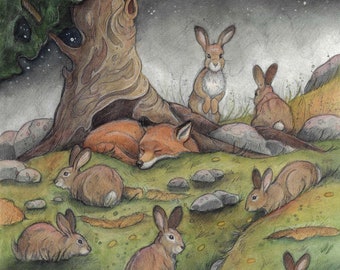 Quiet Night On The Hill by Lisa Ferguson...8"x10" Art Print...Rabbit Art...Fox Art...Owl Art