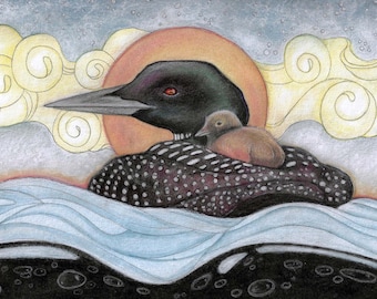 Blank Art Card... Morning Loon by Lisa Ferguson...Loon Art...Bird Art...Canadian Art...Canada