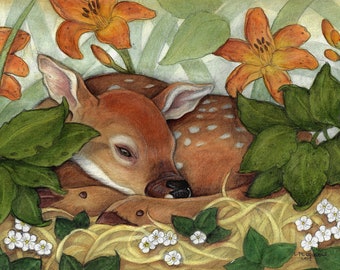 Blank Art Card ....Bed of Flowers by Lisa Ferguson...5x7....Deer Art...Fawn...Wildlife Art...Canada