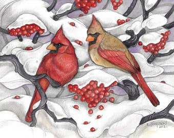 Winter Cardinal by Lisa Ferguson...8x10 Art Print...Cardinal Art...Canadian Artist