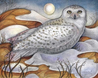 Snowy Moon by Lisa Ferguson....8x10 Art Print....Snowy Owl....Owl Art....Owl Lover