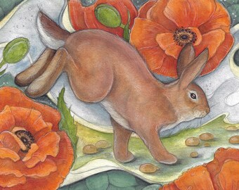 Through The Poppy Garden by Lisa Ferguson....Blank Art Card....rabbit Art...Poppy Art...Canadian Art