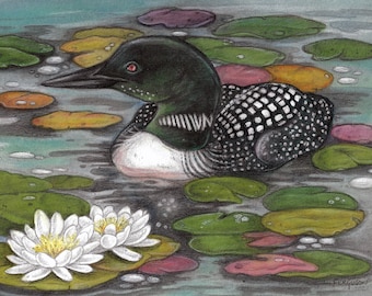 Lily Pad Loon by Lisa Ferguson...8x10 Art Print...Loon Art...Canadian Artist