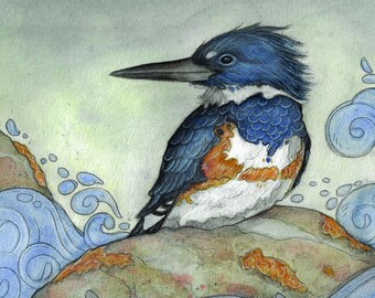 Blank Art Card...Kingsfisher on a Rock by Lisa Ferguson.....Canada...Canadian Art