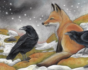 Storm Watchers by Lisa Ferguson....Blank Art Card....fox...raven....Canadian Art....Wildlife Card