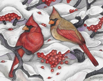 Winter Cardinals by Lisa Ferguson....Blank Art Card......Winter Art...Cardinals...Bird Art...Canadian Art