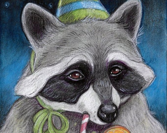 Birthday Raccoon....Blank Birthday Card...Party Animal...Celebration...Canadian Art
