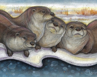 On The Waters Edge...Blank Greeting Card...Otters...5x7