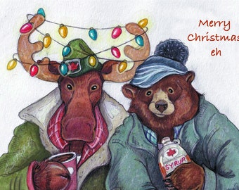 Merry Christmas eh...Blank Christmas card..Canadian Christmas Card...Moose, Bear....Canada