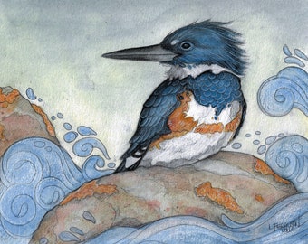Kingfisher On A Rock by Lisa Ferguson....8"x10" Art Print...Kingfisher Art...Canadian Artist