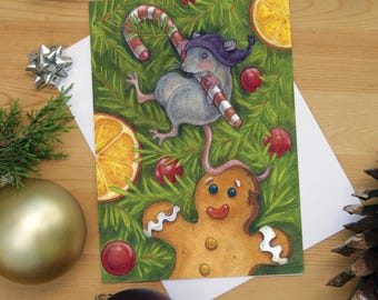 Frolicking Feast -Christmas Card – 5x7 Blank Holiday Card with White Envelope – Original Artwork by Canadian Artist Lisa Ferguson