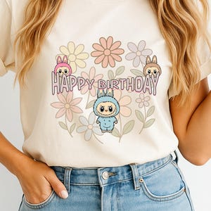 Labubu Birthday T-Shirt, Cute Kawaii Shirt with Pastel Flowers and Funny Characters, Adorable Gift Idea for Kids or Friends