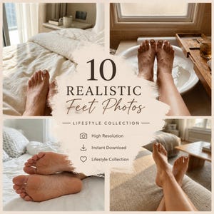 Puede incluir: Una colección de 10 fotos realistas de pies. La imagen presenta pies en varios entornos, incluyendo una cama, una bañera y un sofá. El texto en la imagen dice "10 Fotos Realistas de Pies - Colección Lifestyle".