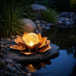 Solar Lotus Garden Light, Large Metal Flower Lamp with Crackle Glass Globe, Outdoor Patio Lighting, Rustic Garden Decor