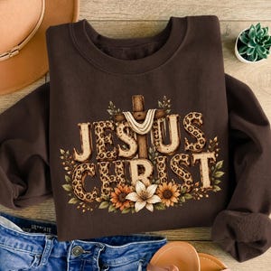 Felpa con Gesù Cristo, maglietta di fede cristiana, girocollo con Gesù in stile western, felpa cristiana leopardata, regalo religioso, felpa del Ringraziamento