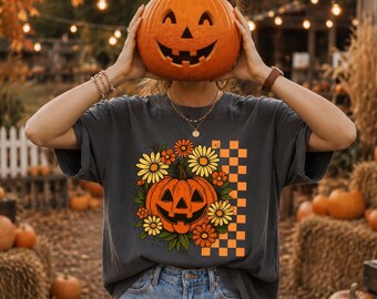 Halloween blommig spökskjorta, söt höstskjorta, Cottagecore spöktröja, söt Halloween-outfit för kvinnor Comfort Colors® rutig spökskjorta
