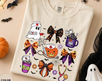 T-shirt d'infirmière pour Halloween, T-shirt d'infirmière effrayant, T-shirt citrouille fantôme mignon, Cadeau d'assistant médical pour Halloween, T-shirt d'infirmière pour Halloween, T-shirt graphique d'automne