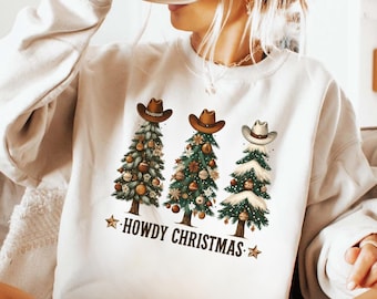 Howdy Christmas Sweatshirt, Western Cowboy Hut Weihnachtsbaum Pullover, Land Urlaub Pullover, Rustikales Cowgirl Weihnachtsgeschenk