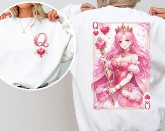 Bluza z Królową Kier, uroczy walentynkowy kaptur, różowa bluza z Królową Kier, estetyczna koszulka dla walentynkowej dziewczyny, koszulka z serduszkami