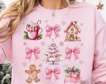 Rosa Weihnachten Sweatshirt: Lebkuchen, Schleifen & Urlaubsmagie, Süße Weihnachten Shirt, Retro Weihnachten Sweatshirt, Urlaub Rosa Liebhaber Shirt