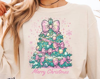 Frohe Weihnachten Shirt, rosa Bogen Weihnachtsbaum T-Shirt, süßes Feiertags-Grafik-T-Shirt, Weihnachtsästhetik-Shirt, Weihnachtsoutfit für Frauen