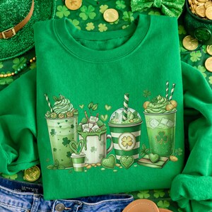 St Patricks Day Sweatshirt, Lucky Irish Coffee Drinks Shirt, Green Iced Coffee Hoodie, Shamrock Shake Shirt,  Aesthetic Irish Sweatshirt