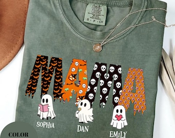Personalized Halloween Mama Comfort Colors Shirt: Ghost Kids Names