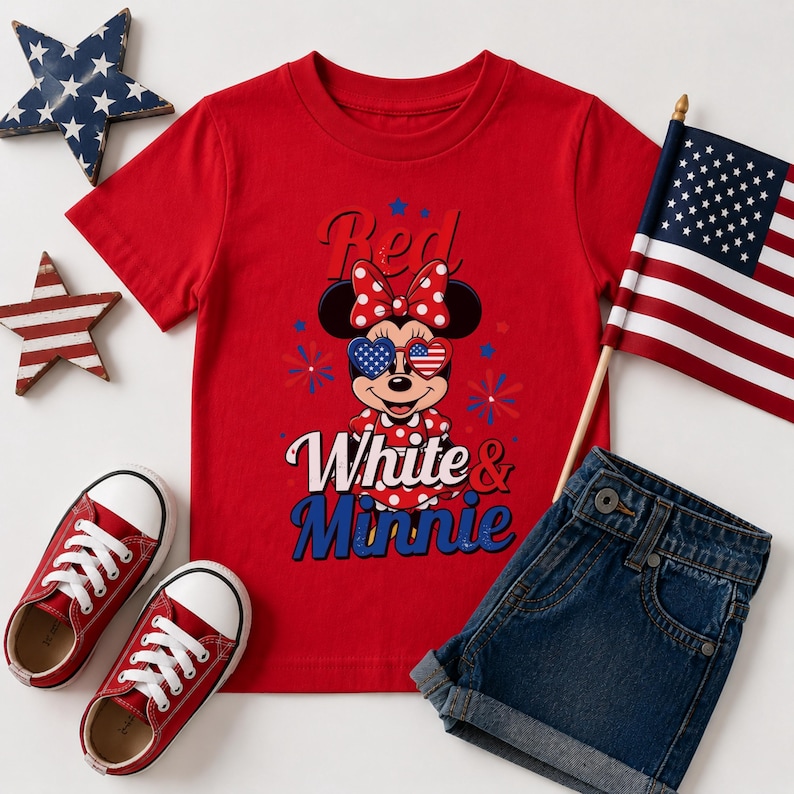 K&ouml;nnte beinhalten: Rotes T-Shirt mit einem Minnie Mouse-Motiv, das herzf&ouml;rmige Sonnenbrillen mit Sternen- und Streifen-Design tr&auml;gt. Auf dem Shirt steht "Red White & Minnie". Enth&auml;lt rote Turnschuhe, Jeansshorts und eine kleine amerikanische Flagge.