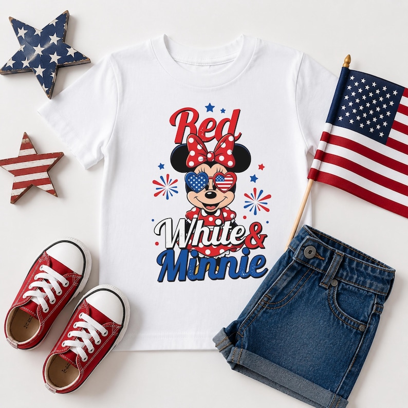 K&ouml;nnte beinhalten: Wei&szlig;es T-Shirt mit Minnie Mouse im patriotischen Outfit, mit dem Text "Red White & Minnie". Das Design umfasst eine rote Schleife, eine Sonnenbrille mit amerikanischem Flaggenmuster und Feuerwerk. Rote Turnschuhe und Jeansshorts vervollst&auml;ndigen das Ensemble.