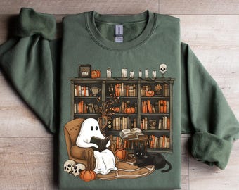 Felpa retrò con fantasma che legge libri, fantasma bibliotecario di Halloween, felpa per insegnanti di Halloween, maglietta di Halloween, regalo per insegnanti
