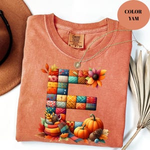 Personalized Fall Letter T-Shirt, Custom Initial Pumpkin Shirt, Autumn Patchwork Monogram Tee, Thanksgiving Gift Shirt, Comfort Colors Tee