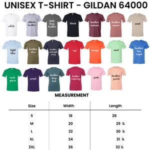 以下が含まれることがあります： 白、黒、赤、ピンクなど、さまざまな色のユニセックスGildan 64000 Tシャツ。画像には、幅と長さのセンチメートル単位の測定値を示すサイズチャートも表示されています。