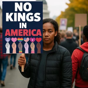 Puede incluir: Una persona sostiene un cartel con las palabras "NO KINGS IN AMERICA" en texto blanco y rojo. El cartel presenta manos sosteniendo s&iacute;mbolos en forma de coraz&oacute;n con varios dise&ntilde;os, incluyendo un signo de paz, rayas de arco&iacute;ris y la bandera estadounidense.