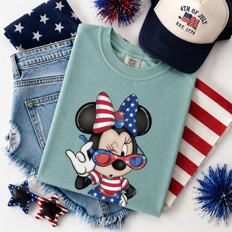 Może przedstawiać: Jasnoniebieska koszulka Comfort Colors z grafiką Myszki Minnie w patriotycznych okularach przeciwsłonecznych, kokardą i sukienką. Obraz zawiera dżinsowe szorty, granatową czapkę z daszkiem z napisem "4th of July" i okulary przeciwsłoneczne w kształcie gwiazd.