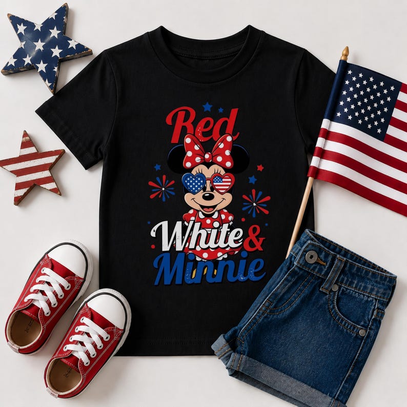 K&ouml;nnte beinhalten: Schwarzes T-Shirt mit Minnie Mouse im patriotischen Stil, mit roter Schleife und Sonnenbrille. Der Text lautet "Red White & Minnie". Enth&auml;lt rote Turnschuhe, Jeansshorts und eine kleine amerikanische Flagge.
