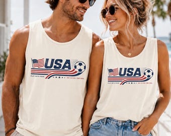 Komfortfarben USA Spieltag Tank Top, Rot, Weiß und Ziel T-Shirt, Vaterländischer Fußballfan Tank Top, Vintage Amerika Sport T-Shirt