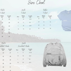 May include: Size chart for adult, youth, and toddler t-shirts and sweatshirts. Measurements are in inches for width and length. Includes size charts for t-shirts and sweatshirt-hoodies.