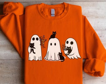 Moletom de gato preto e fantasma de Halloween, moletom de fantasma de Halloween, moletom com capuz de gato para a temporada assustadora, roupa feminina fofa de Halloween, presente de Halloween