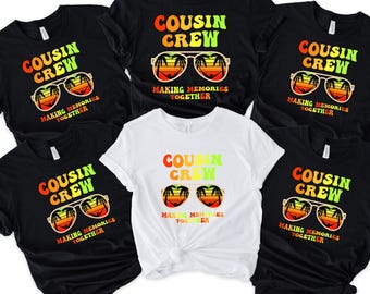 Personalized Cousin Crew T-Shirt: Retro Palm Sunglasses, Custom Summer Vacation