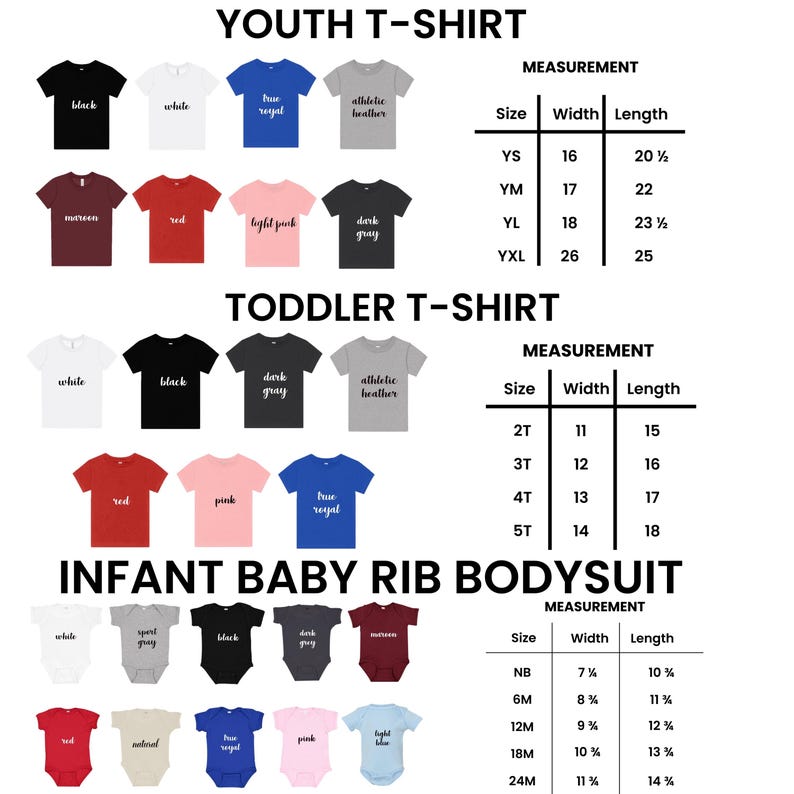 Puede incluir: Imagen de producto que muestra varias camisetas y bodies para beb&eacute;s en diferentes colores. La imagen incluye camisetas para j&oacute;venes y ni&ntilde;os peque&ntilde;os, y bodies de canal&eacute; para beb&eacute;s. Tambi&eacute;n se incluyen tablas de medidas para cada tipo de prenda.