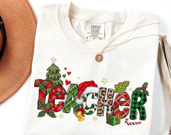 Camiseta navideña para maestros, camiseta de manga larga para maestros en vacaciones, bonito regalo de Navidad para maestros, atuendo escolar festivo, ropa para maestros en vacaciones