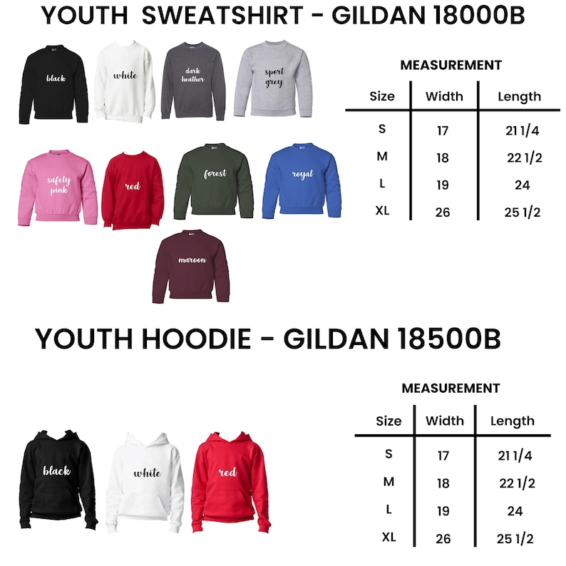 以下が含まれることがあります： 黒、白、赤、グレーなど、さまざまな色のユーススウェットシャツとパーカー。画像には、SからXLまでのサイズ、幅43〜66cm、長さ54〜65cmの測定チャートが含まれています。