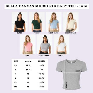May include: Image of the Bella Canvas Micro Rib Baby Tee - 1010 in multiple colours, including black, forest green, light blue, and pink. A size chart displays measurements for XS to 2XL sizes, with chest and length dimensions in inches.