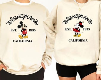 Bluza z nadrukiem Disneyland Retro Myszka Miki i Minnie dla pary, sweter Vintage dla pary Disneyland, klasyczna koszulka Disney z pozą Myszki Minnie