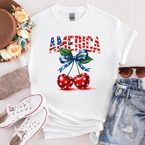 Camiseta con cereza americana, camiseta del 4 de julio, camiseta con cereza americana, camiseta con lazo, camiseta patriótica para mujer, regalo para mujer, camiseta con lazo de EE. UU.