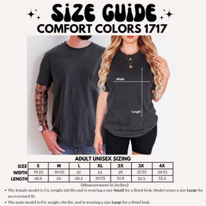May include: Size guide for Comfort Colors 1717 t-shirts. The image shows a man and woman wearing the shirts, with measurements for adult unisex sizing. Width measurements range from 46.35 cm to 75.57 cm, and length measurements range from 67.56 cm to 85.09 cm.