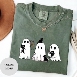 Halloween Black Cat & Ghost Comfort Colors Shirt, Halloween Ghost Tshirt, Spooky Season Cat Tee, Halloween Cute Women Outfit, Halloween Gift